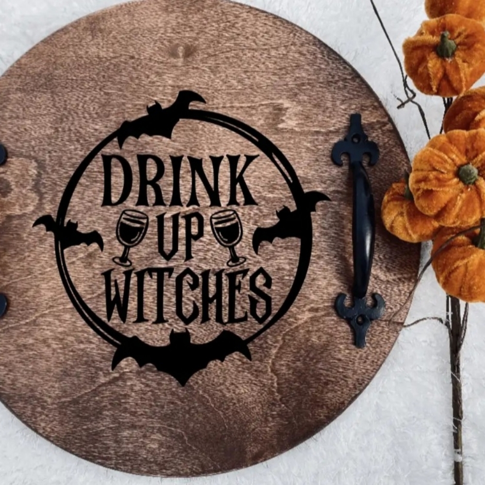 Serving Tray Halloween 14" Wood 'Drink Up Witches' Iron Handles Drinks‎ Food NEW
